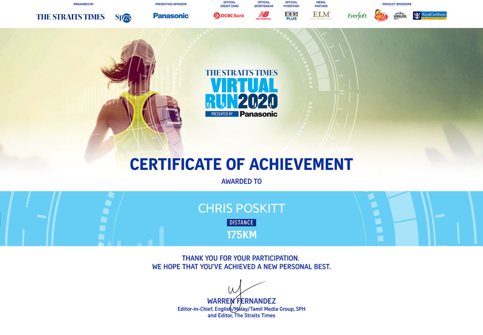 Certificate of completion for the Straits Times Virtual Run in 2020, 175km category